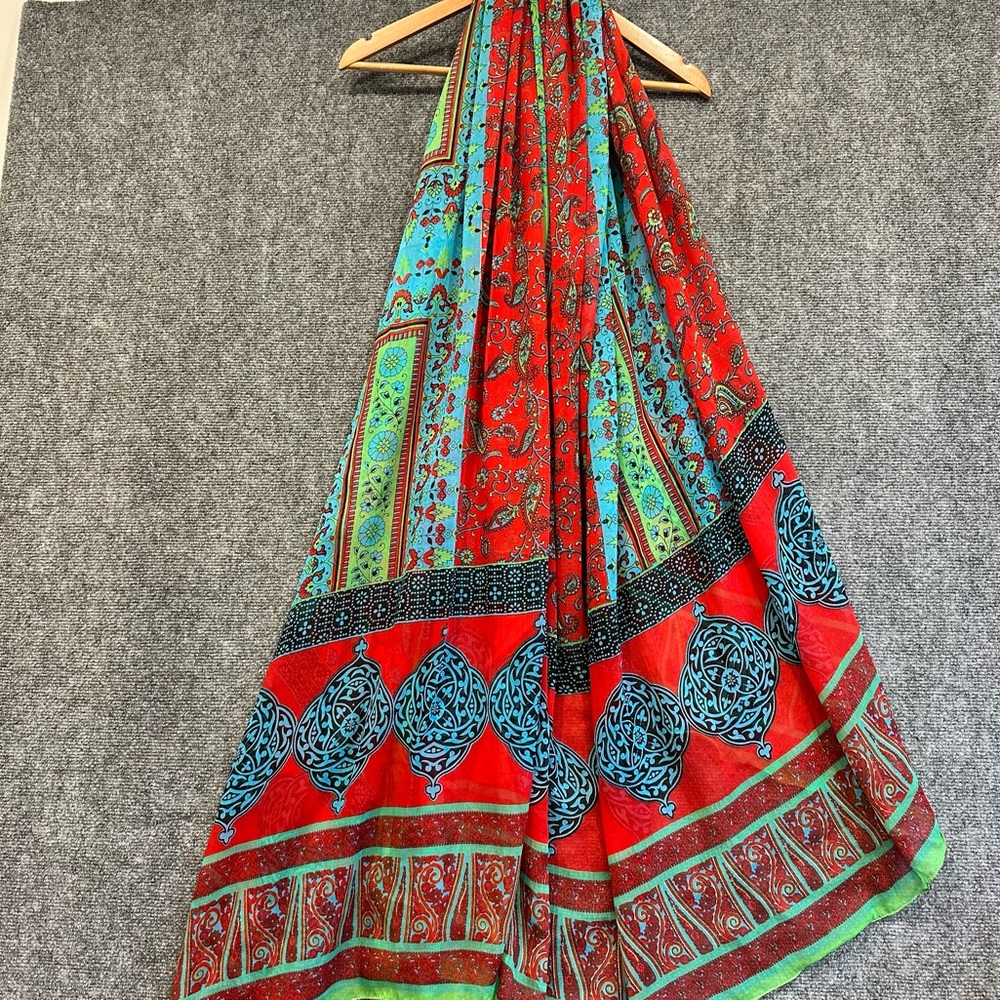 Vintage Saree 4x8 silk? paisley red blue green floral scarf wrap drape sarong